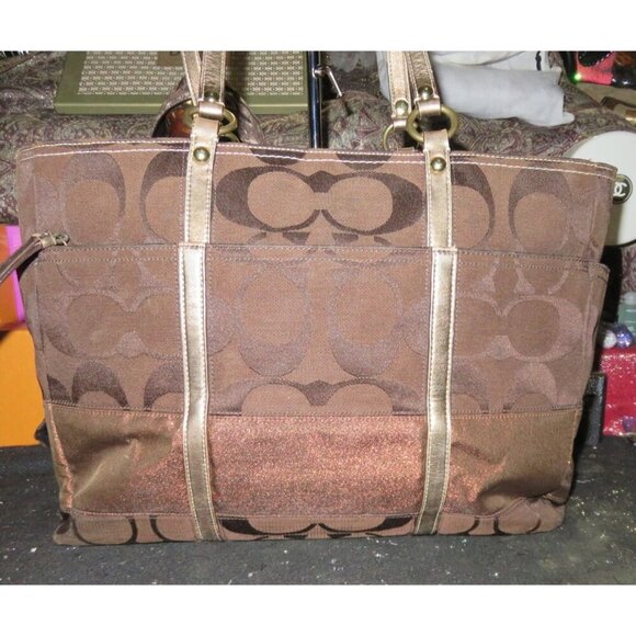 Coach Cursive Creed Limited Edition Brown Signature Jacquard Copper Shimmer Tote - Picture 2 of 14